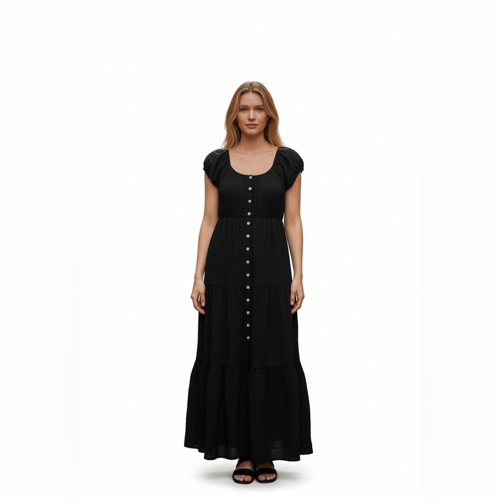 Lucky Brand Black Maxi Button Down Peasant Dress -Size M